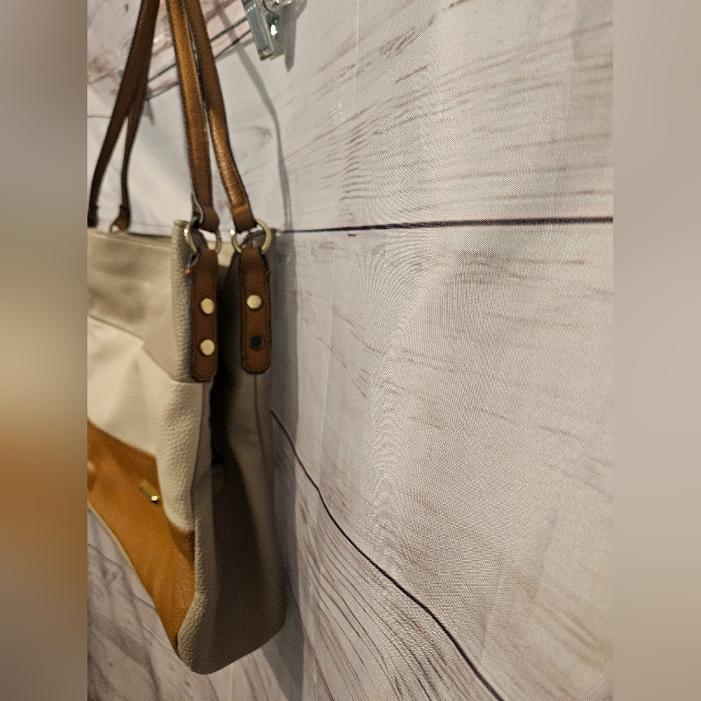 Anne Klein Colorblock Pebbled Faux Leather Shoulder Bag | Tan Cream Beige Tote - Picture 3 of 13
